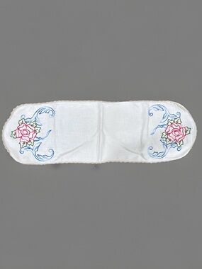 Vintage Hand Embroidered Table Runner 44x14 Floral Linen Cottagecore Lace